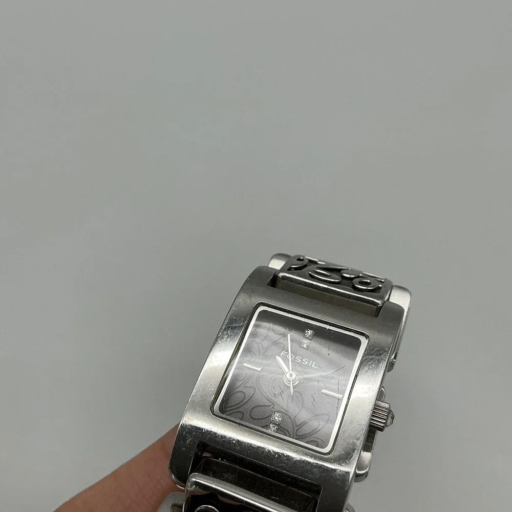 Fossil Womens Watch 21mm Black Dial Stainless Bracelet Wood New Battery 6.25